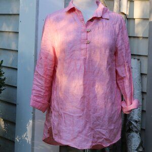 Sigrid Olsen Nordstrom Coral Linen Wood Button w Loop Roll Tab Sleeve Tunic MED